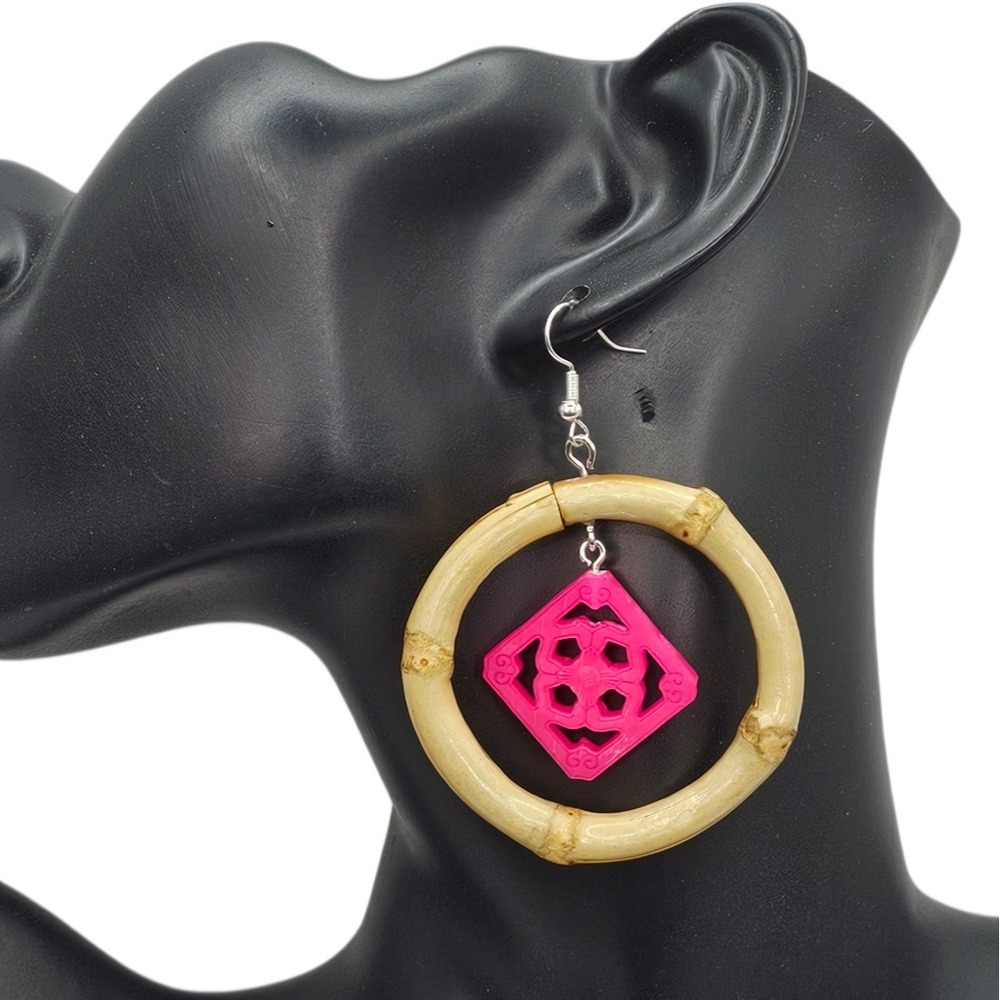 Handmade Hot Magenta Pink Jade Tile Breezeway‎ Bamboo Hoop Earrings Tiki